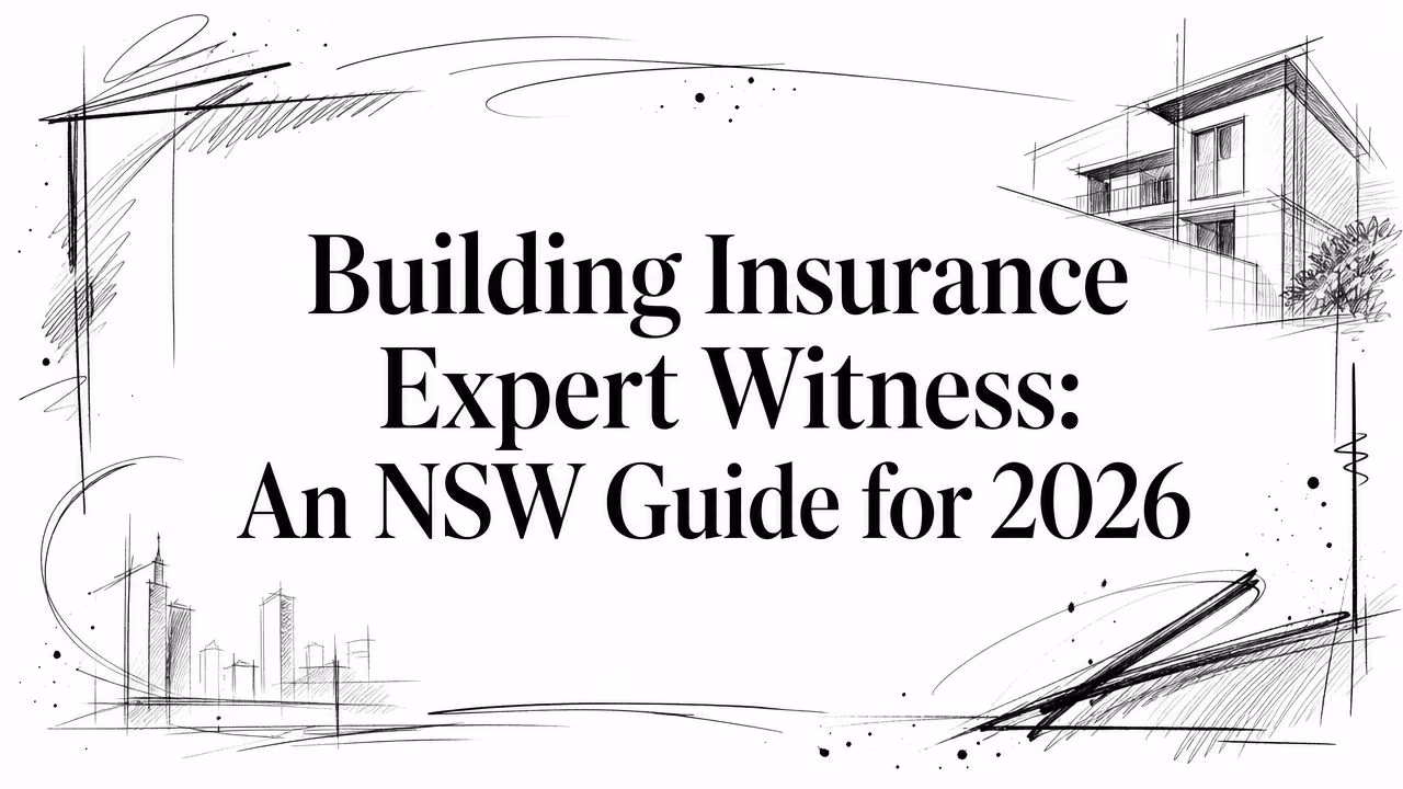 Cover page with hand-drawn building sketches surrounding the title 'Building Insurance Expert Witness: An NSW Guide for 2026'