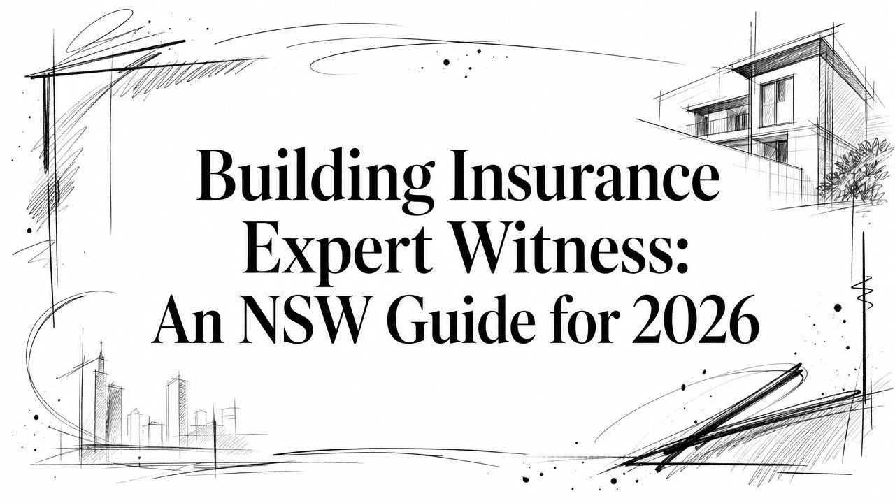 Cover page with hand-drawn building sketches surrounding the title 'Building Insurance Expert Witness: An NSW Guide for 2026'