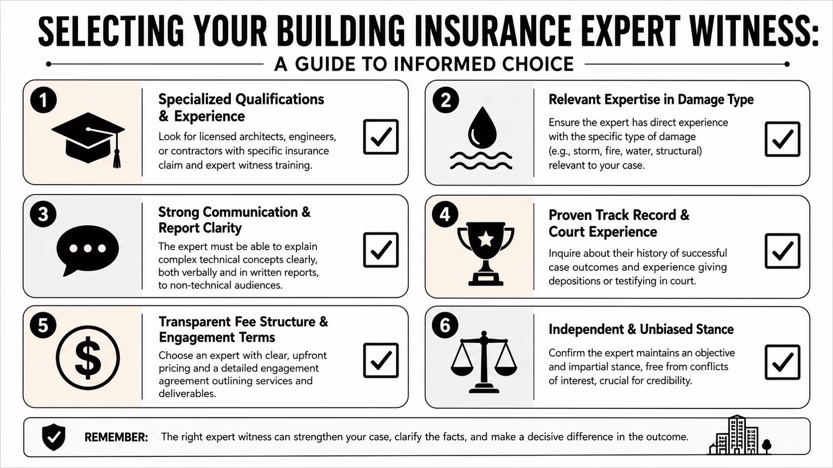 An infographic titled Selecting Your Building Insurance Expert Witness listing six key factors for making an informed choice.