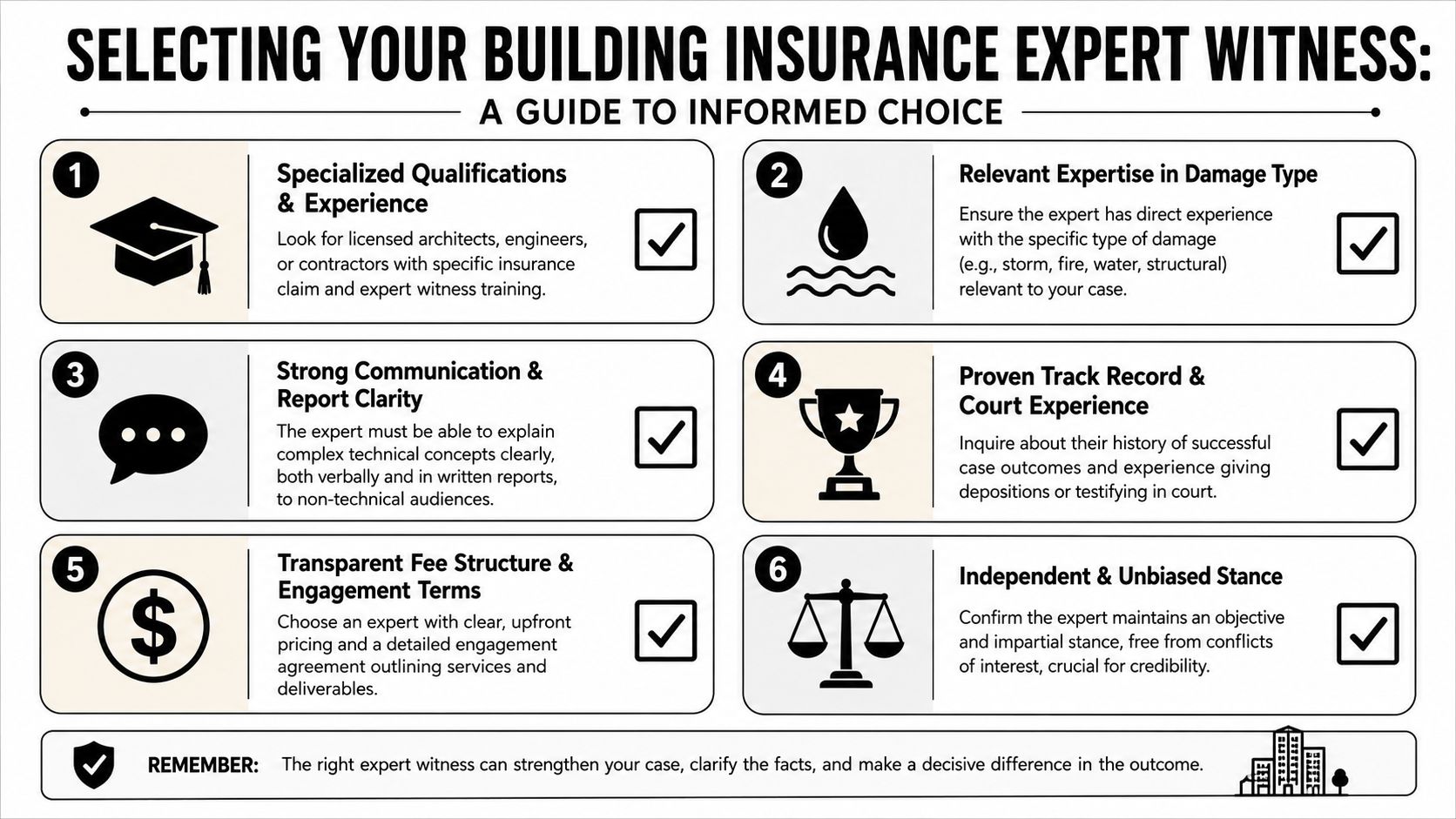 An infographic titled Selecting Your Building Insurance Expert Witness listing six key factors for making an informed choice.