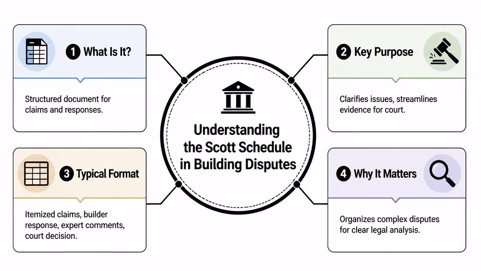An infographic titled Understanding the Scott Schedule in Building Disputes featuring four key points.