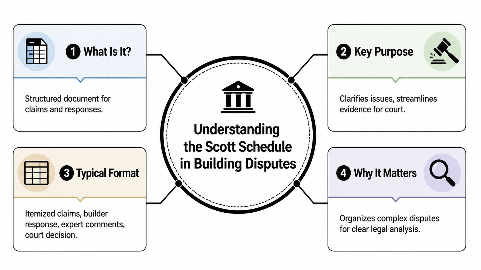 An infographic titled Understanding the Scott Schedule in Building Disputes featuring four key points.