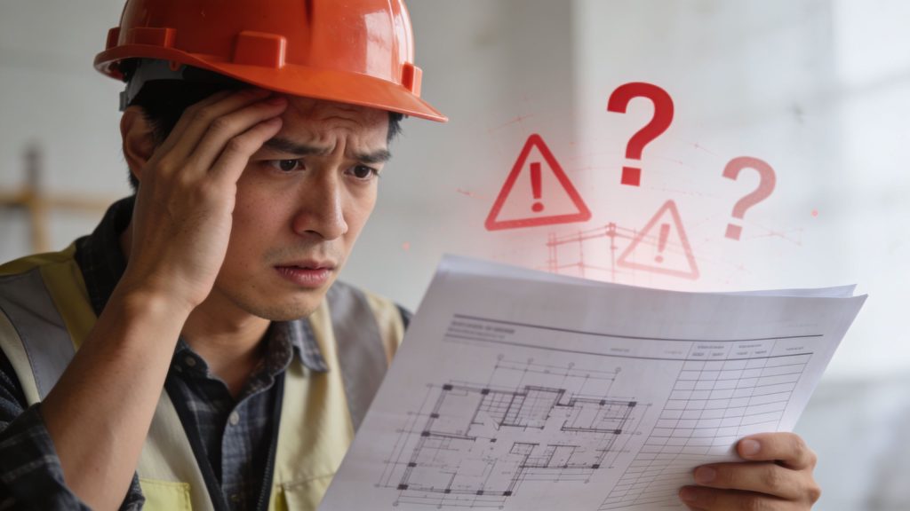 Construction worker in an orange hard hat studies blueprints, looking worried with warning icons in the background.