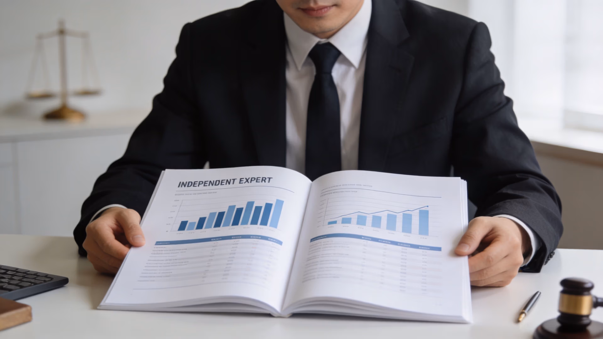 A professional in a suit reviewing an independent expert report with data charts on a desk.