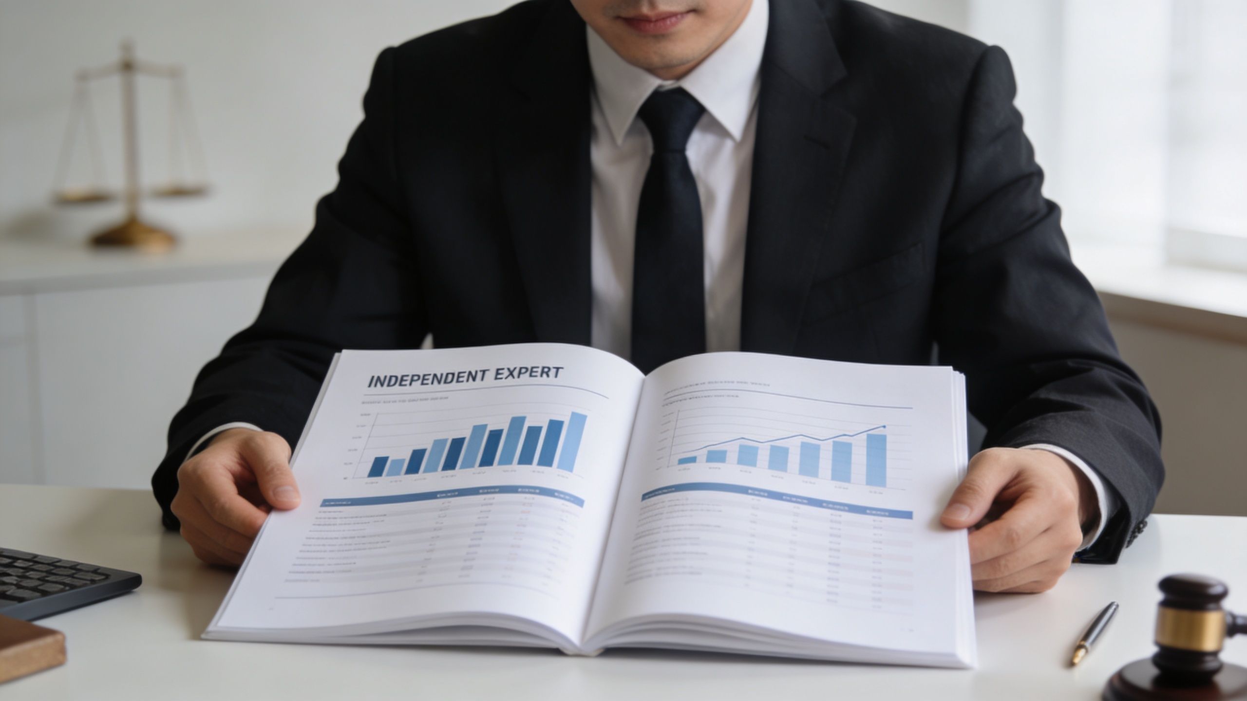 A professional in a suit reviewing an independent expert report with data charts on a desk.