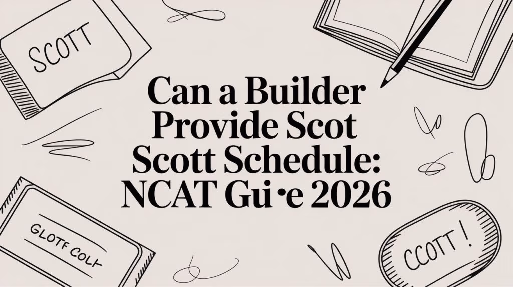 Graphic headline asking if a builder can provide a Scott Schedule: NCAT Guide 2026, with hand-drawn notebook sketches and name tags reading 'SCOTT'.