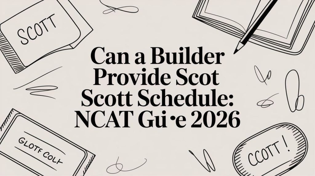Graphic headline asking if a builder can provide a Scott Schedule: NCAT Guide 2026, with hand-drawn notebook sketches and name tags reading 'SCOTT'.