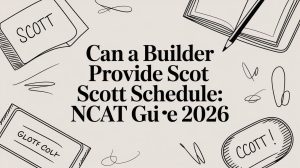 Graphic headline asking if a builder can provide a Scott Schedule: NCAT Guide 2026, with hand-drawn notebook sketches and name tags reading 'SCOTT'.