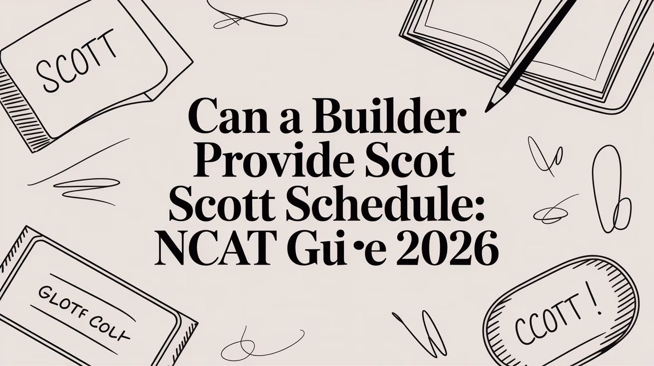 Graphic headline asking if a builder can provide a Scott Schedule: NCAT Guide 2026, with hand-drawn notebook sketches and name tags reading 'SCOTT'.