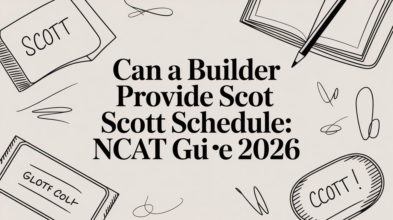 Graphic headline asking if a builder can provide a Scott Schedule: NCAT Guide 2026, with hand-drawn notebook sketches and name tags reading 'SCOTT'.
