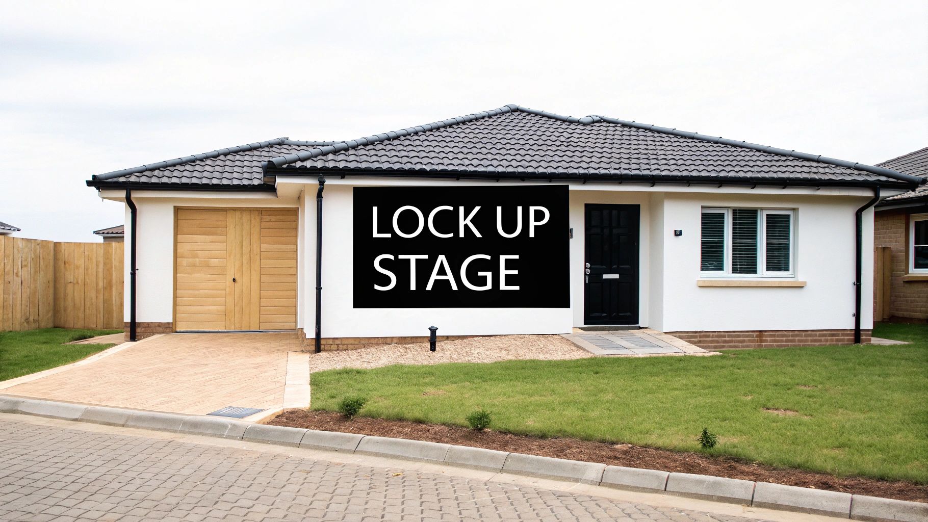 A new home under construction with the external walls, roof, and windows installed, representing the lock up stage.