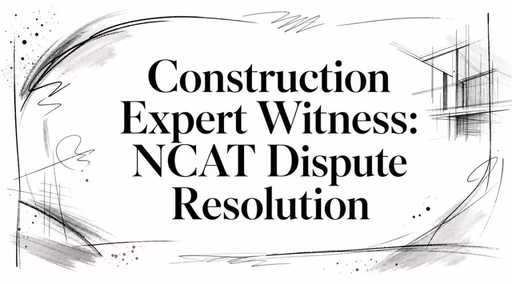 Header graphic reading 'Construction Expert Witness: NCAT Dispute Resolution' with abstract brush strokes and sketch lines framing the text (no people shown).