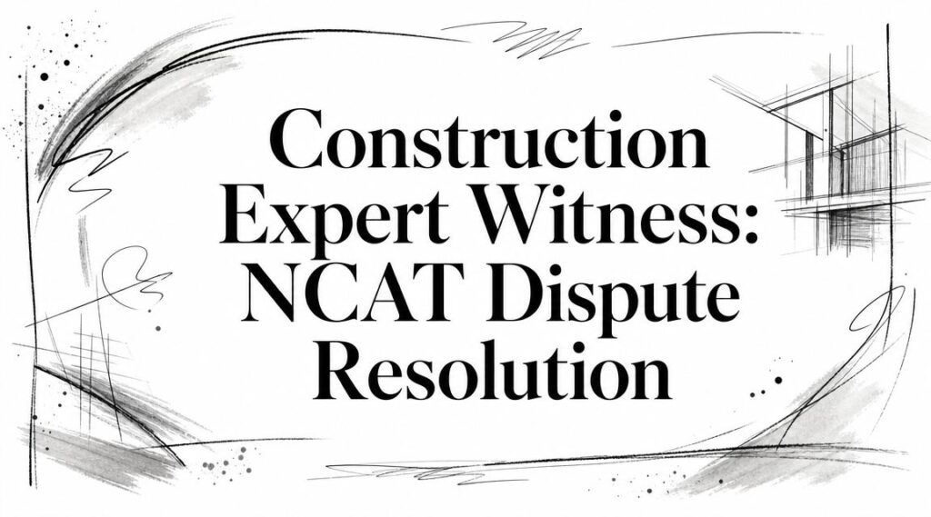 Header graphic reading 'Construction Expert Witness: NCAT Dispute Resolution' with abstract brush strokes and sketch lines framing the text (no people shown).