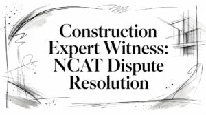 construction-expert-witness-dispute-resolution - Header graphic reading 'Construction Expert Witness: NCAT Dispute Resolution' with abstract brush strokes and sketch lines framing the text (no people shown).