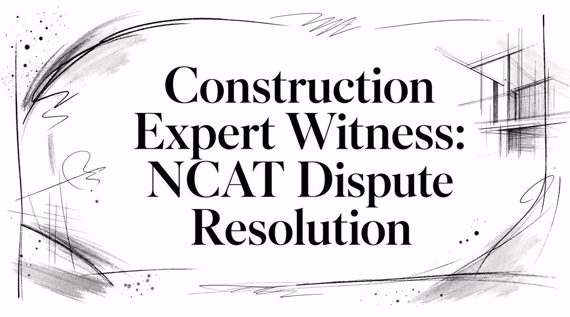 Header graphic reading 'Construction Expert Witness: NCAT Dispute Resolution' with abstract brush strokes and sketch lines framing the text (no people shown).