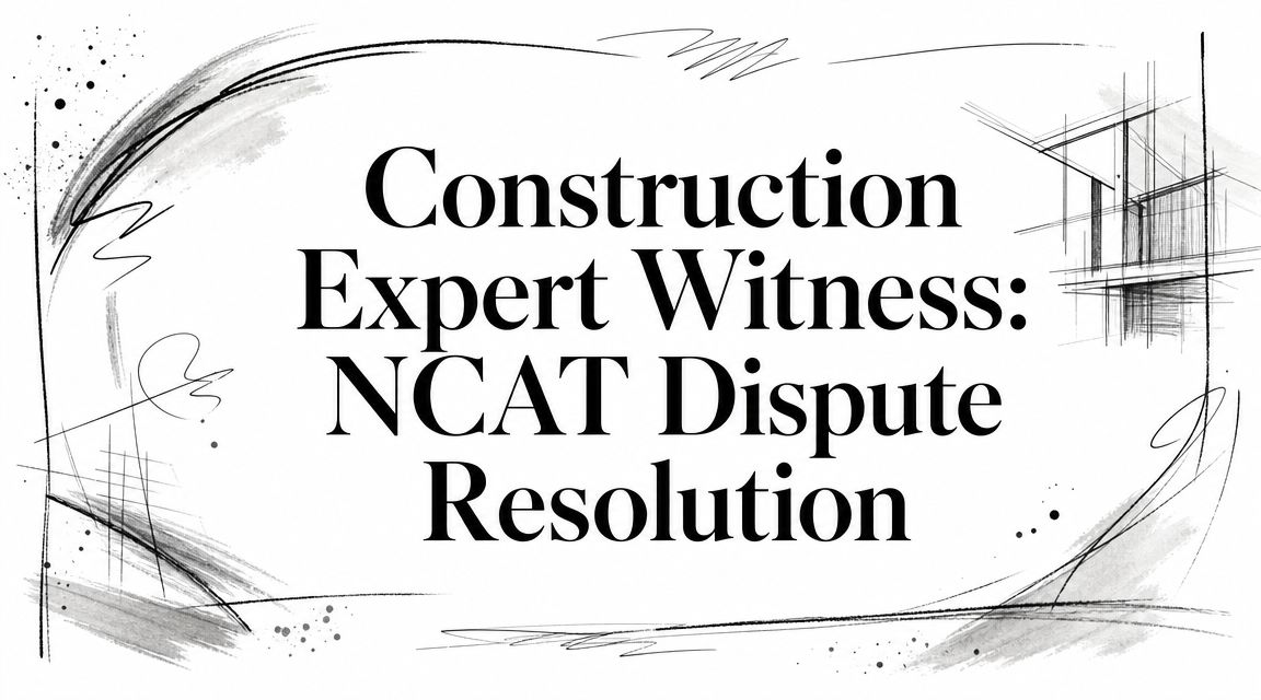 Header graphic reading 'Construction Expert Witness: NCAT Dispute Resolution' with abstract brush strokes and sketch lines framing the text (no people shown).