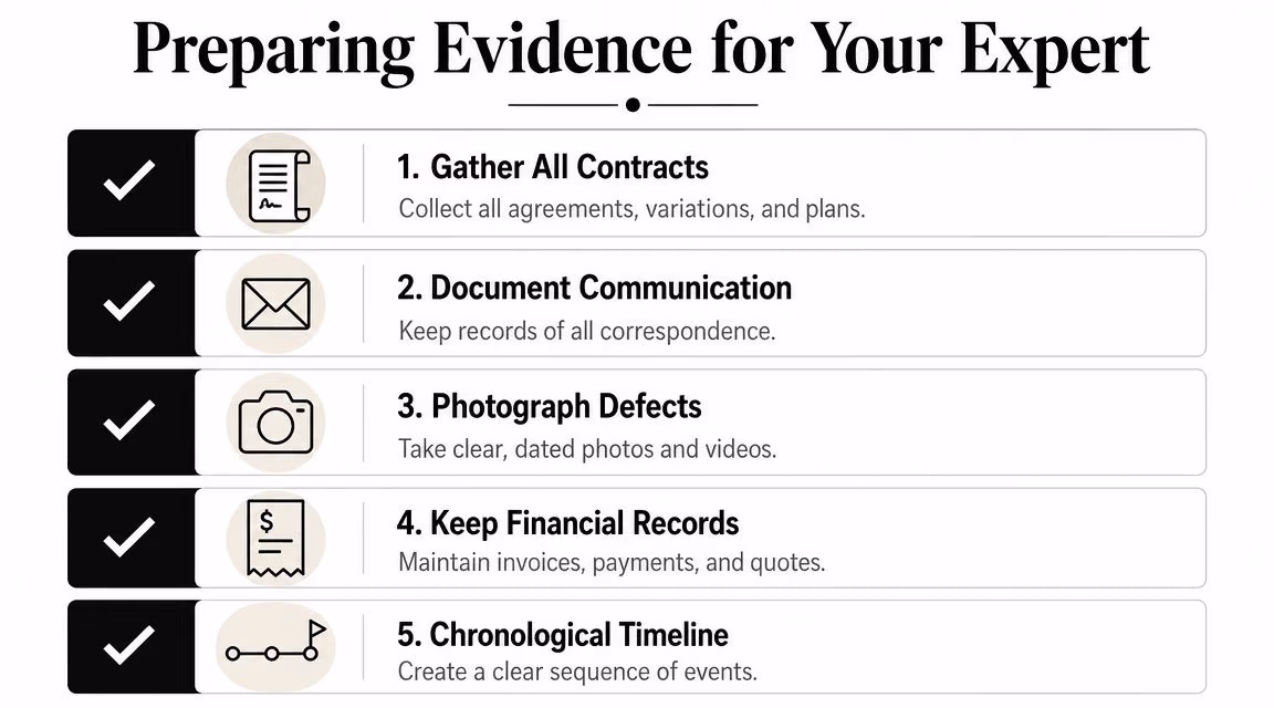 A checklist titled Preparing Evidence for Your Expert, listing five essential steps for gathering legal construction documentation.