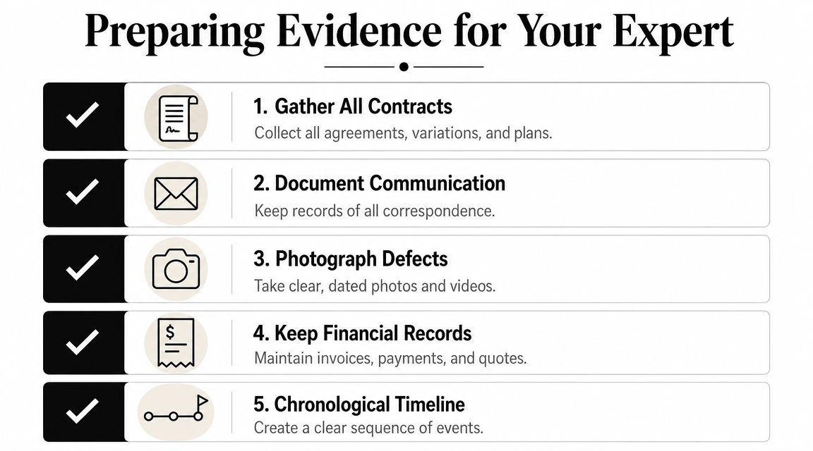 A checklist titled Preparing Evidence for Your Expert, listing five essential steps for gathering legal construction documentation.