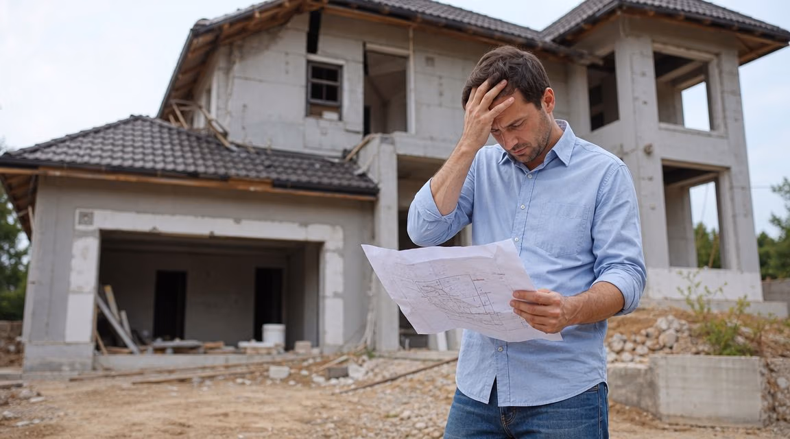 Stressed construction expert witness looking at blueprints in front of an unfinished concrete house under construction.