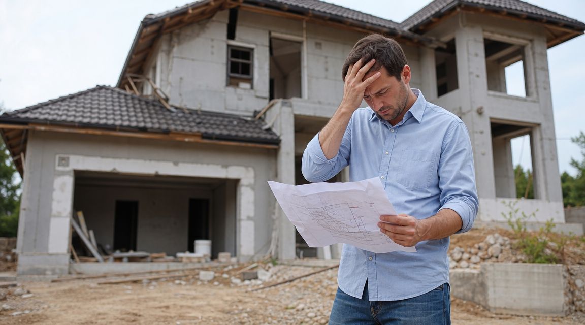 Stressed construction expert witness looking at blueprints in front of an unfinished concrete house under construction.