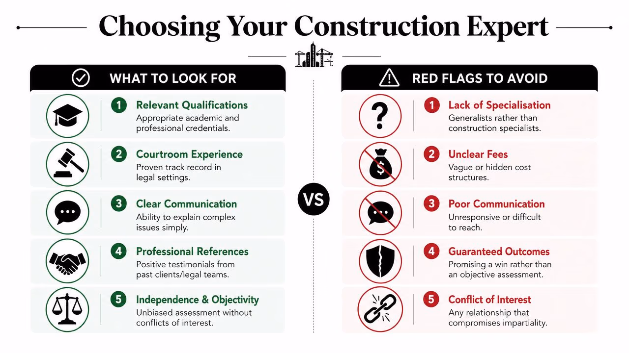 An infographic comparing the criteria for choosing a construction expert witness versus red flags to avoid.