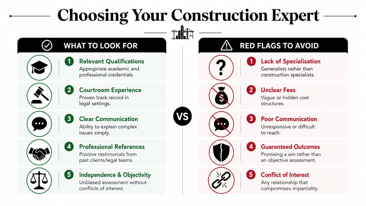 An infographic comparing the criteria for choosing a construction expert witness versus red flags to avoid.