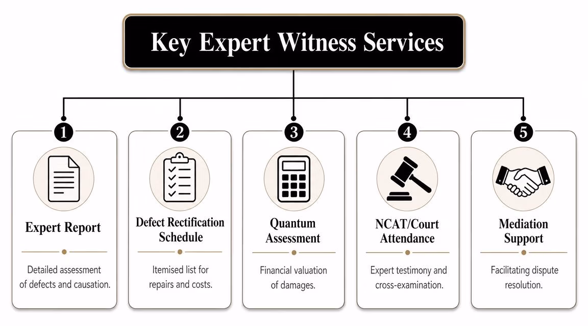 An infographic showing five key expert witness services including expert reports, defect schedules, and mediation support.
