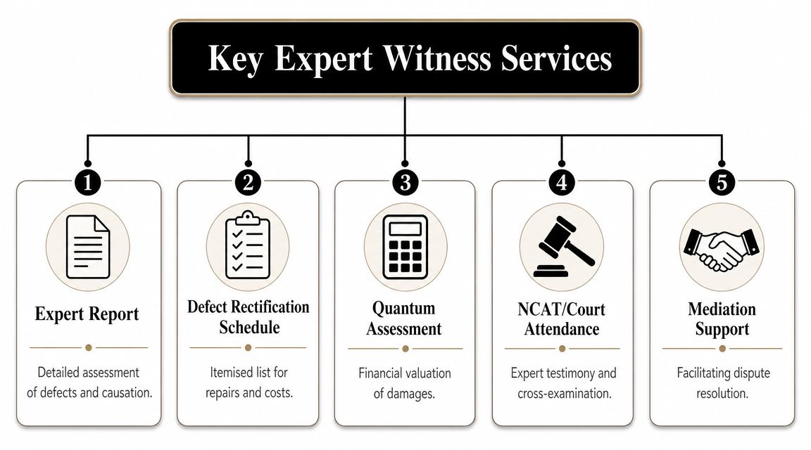 An infographic showing five key expert witness services including expert reports, defect schedules, and mediation support.