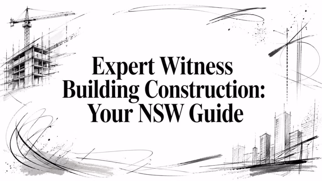 expert-witness-building-construction-architectural-sketches - Cover image for a NSW guide on expert witness building construction, with architectural sketches and bold title text.