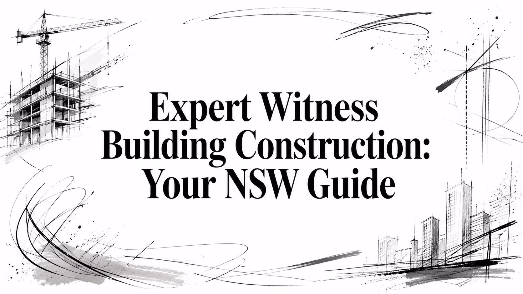 Cover image for a NSW guide on expert witness building construction, with architectural sketches and bold title text.