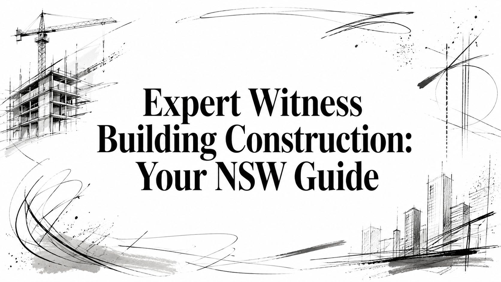 Cover image for a NSW guide on expert witness building construction, with architectural sketches and bold title text.