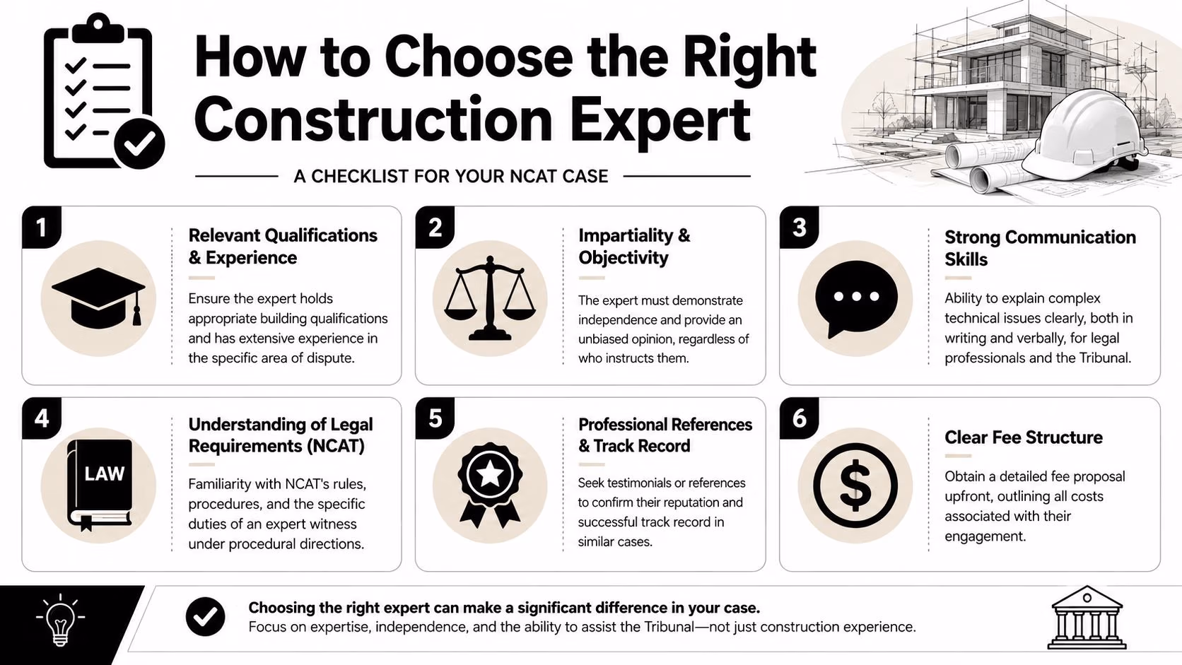 A helpful checklist infographic titled How to Choose the Right Construction Expert for your NCAT case.