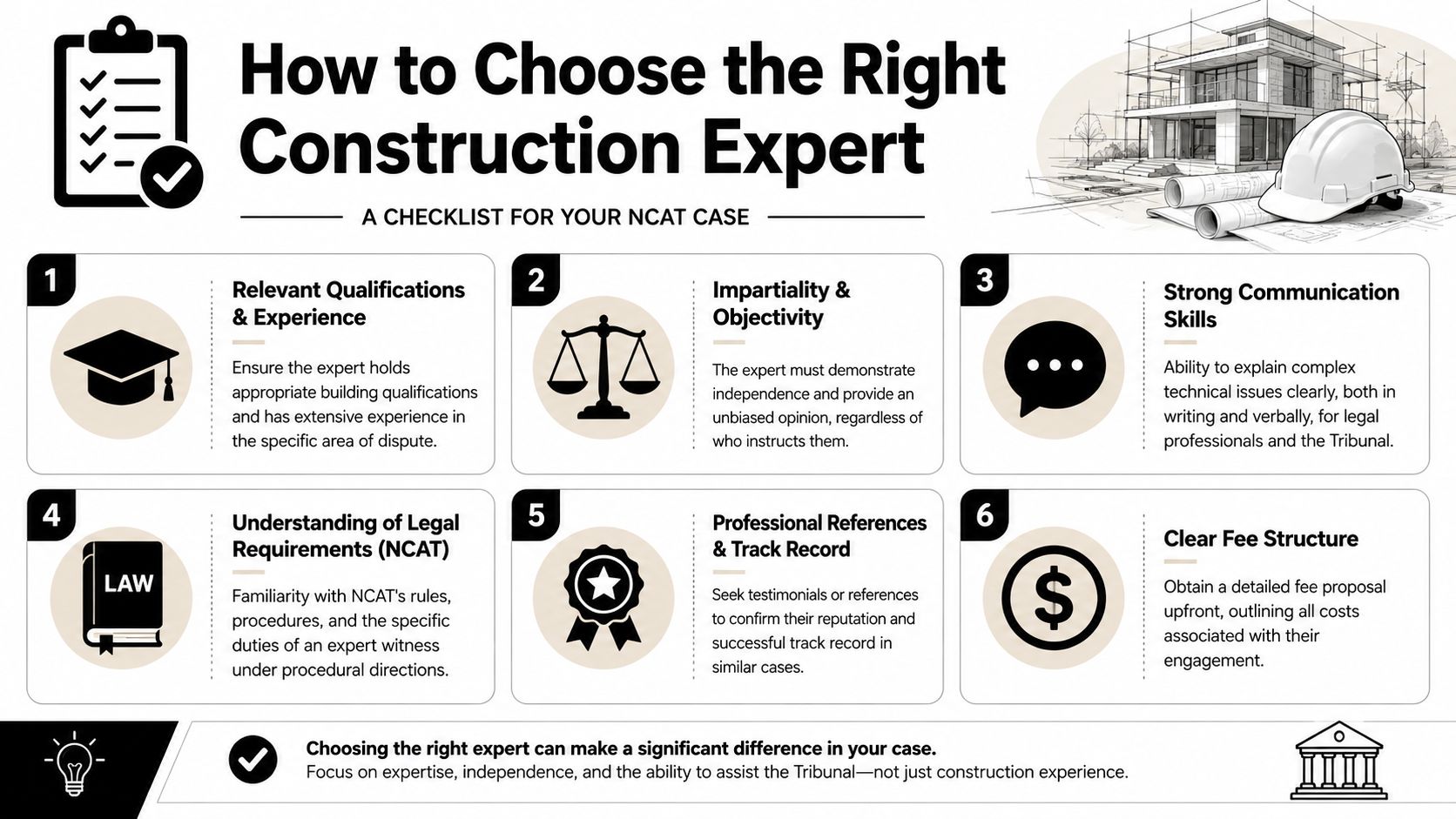 A helpful checklist infographic titled How to Choose the Right Construction Expert for your NCAT case.
