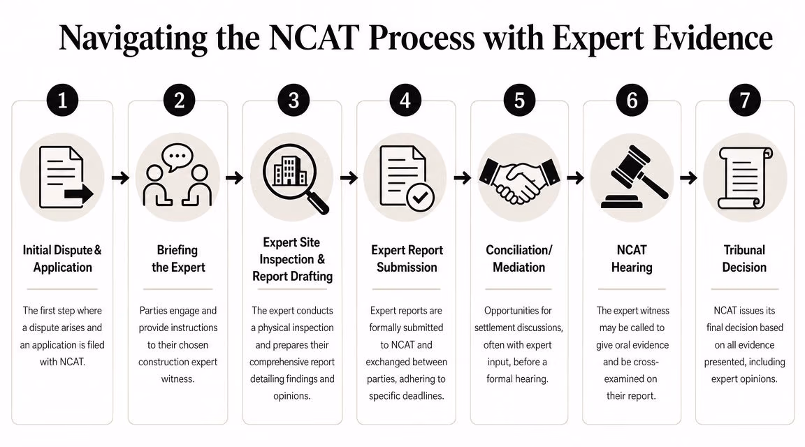 A flow chart illustrating the seven-step NCAT process for utilizing expert witness evidence in construction disputes.