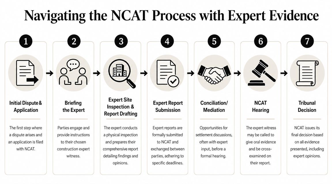 A flow chart illustrating the seven-step NCAT process for utilizing expert witness evidence in construction disputes.