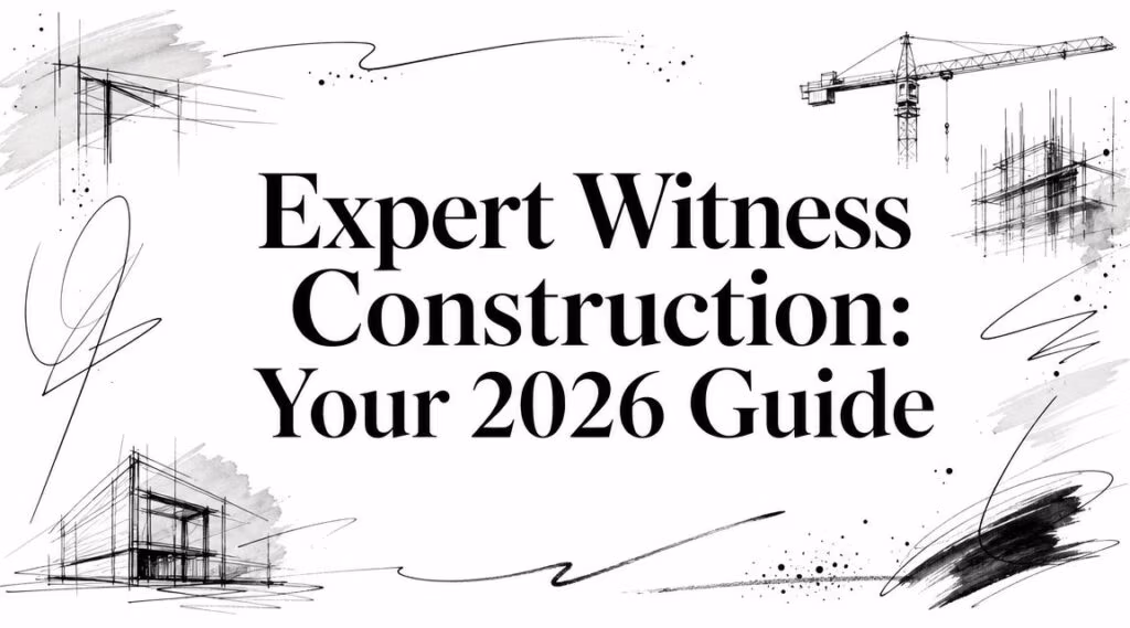 expert-witness-construction-architecture-sketches - Hero banner with bold title: 'Expert Witness Construction: Your 2026 Guide' and black architectural sketches in the background