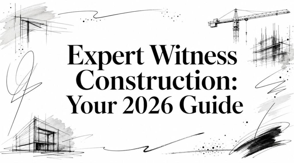 Hero banner with bold title: 'Expert Witness Construction: Your 2026 Guide' and black architectural sketches in the background