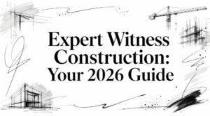 Hero banner with bold title: 'Expert Witness Construction: Your 2026 Guide' and black architectural sketches in the background