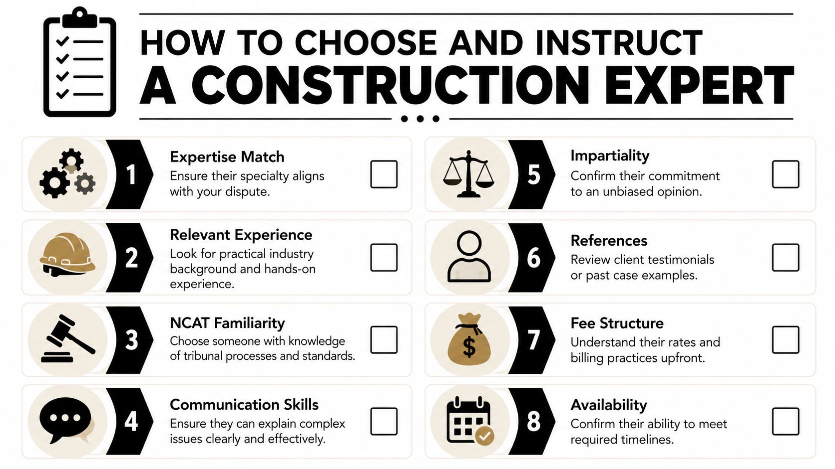 A checklist infographic titled How to Choose and Instruct a Construction Expert with eight essential tips.