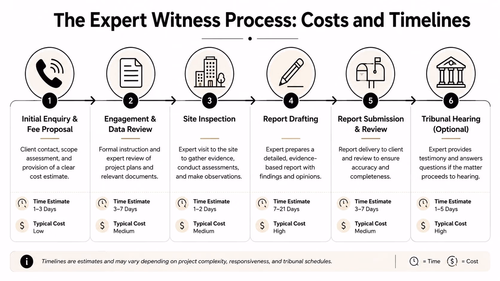 A process flow chart illustrating the six stages of an expert witness process including timelines and costs.