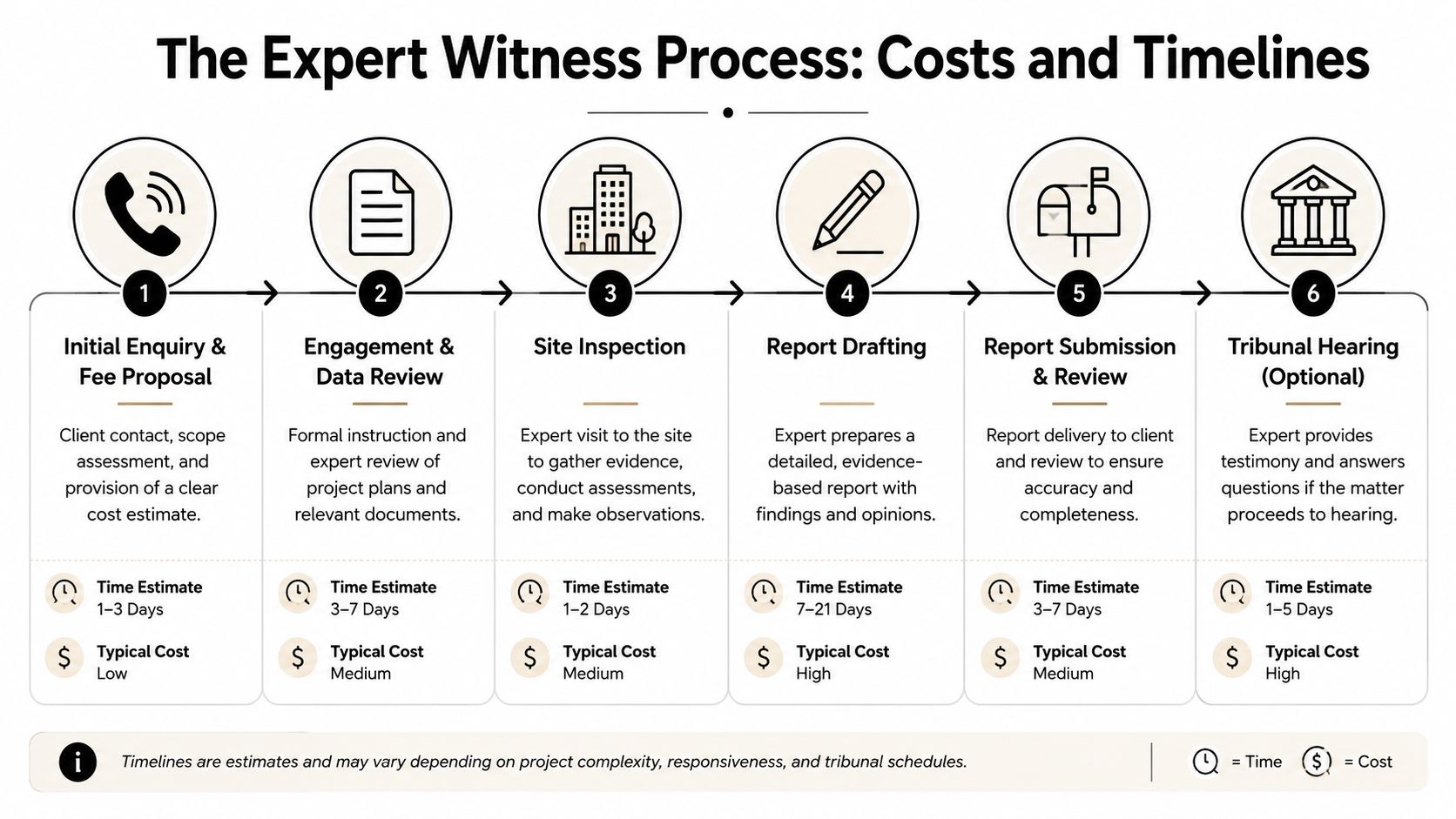A process flow chart illustrating the six stages of an expert witness process including timelines and costs.