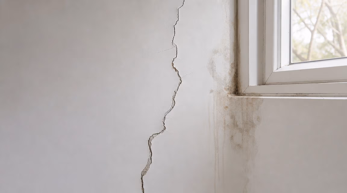 A large vertical crack on an interior wall with visible water stains and damage near a window.