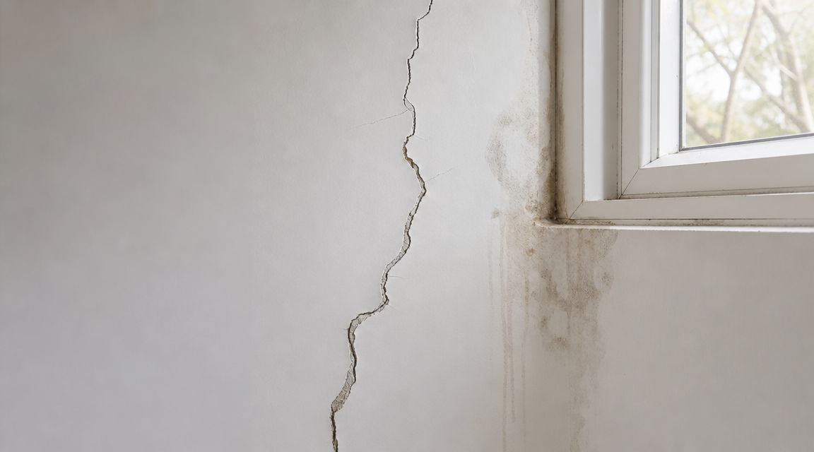 A large vertical crack on an interior wall with visible water stains and damage near a window.