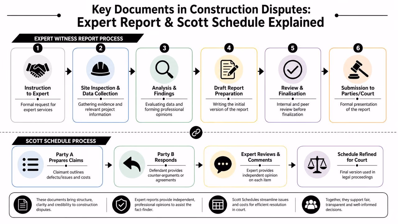A diagram illustrating the expert witness report and Scott Schedule process for construction dispute resolution.