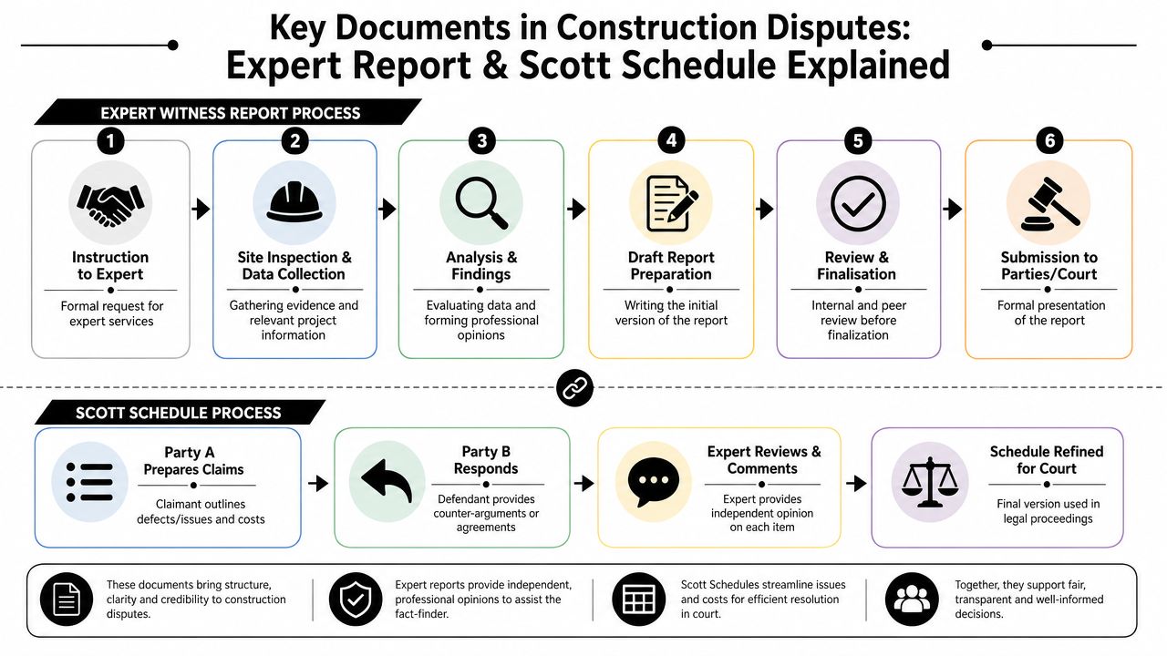 A diagram illustrating the expert witness report and Scott Schedule process for construction dispute resolution.