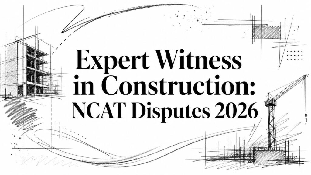 Black-and-white construction-sketch banner with a crane, building outlines, and the title 'Expert Witness in Construction: NCAT Disputes 2026' centered across the image.