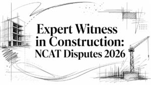 Black-and-white construction-sketch banner with a crane, building outlines, and the title 'Expert Witness in Construction: NCAT Disputes 2026' centered across the image.