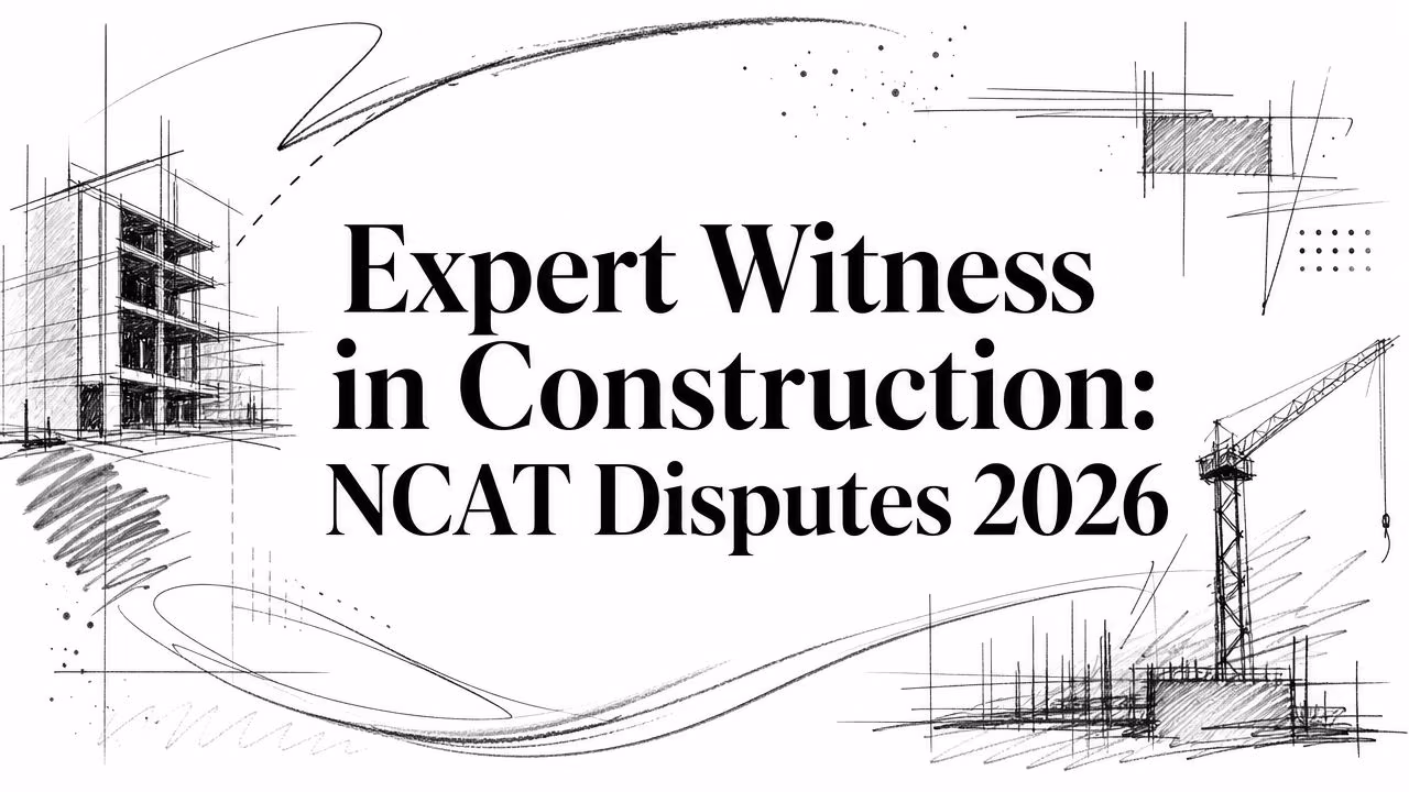 Black-and-white construction-sketch banner with a crane, building outlines, and the title 'Expert Witness in Construction: NCAT Disputes 2026' centered across the image.