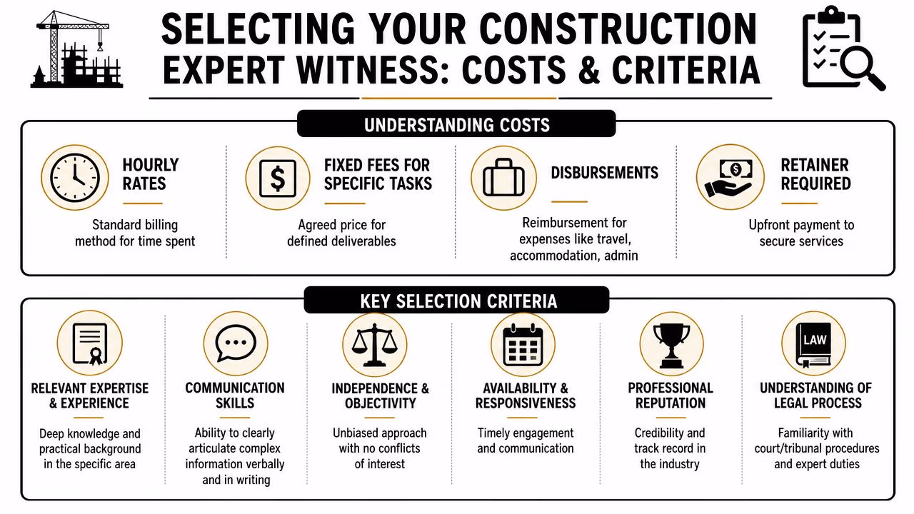 An infographic titled Selecting Your Construction Expert Witness outlining costs and key selection criteria.