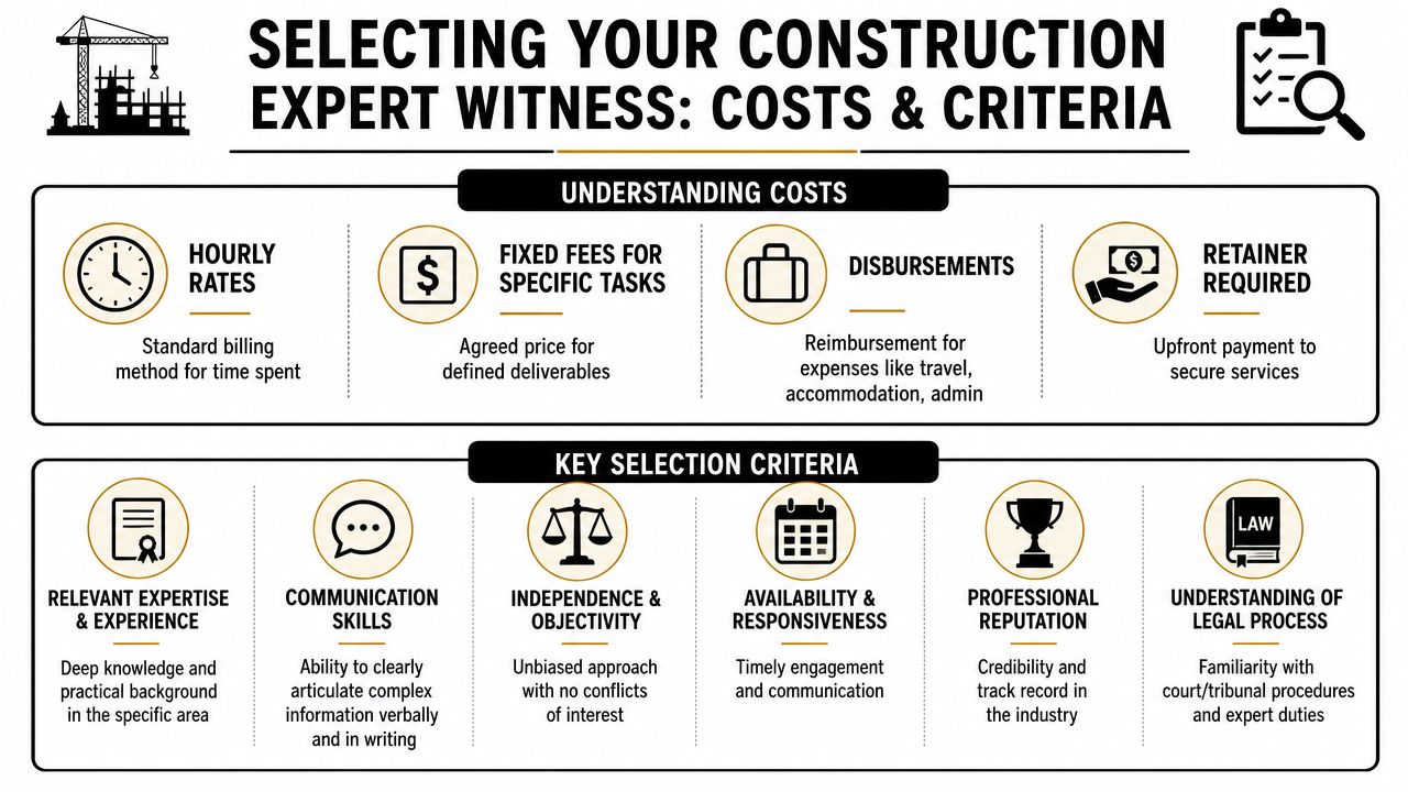 An infographic titled Selecting Your Construction Expert Witness outlining costs and key selection criteria.